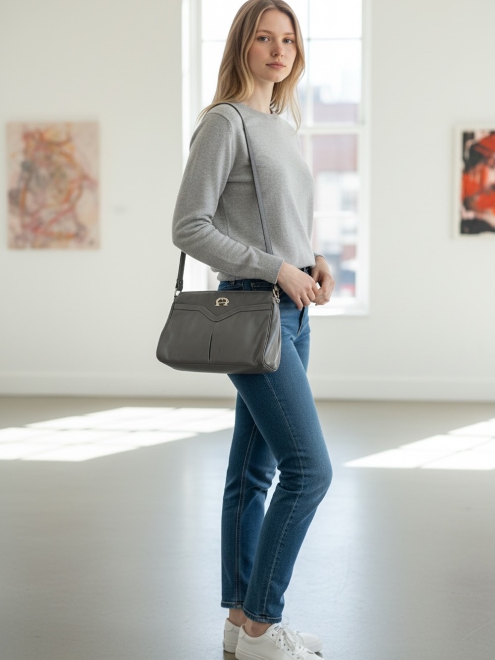 ETIENNE AIGNER Classic Gray Leather Shoulder Bag -